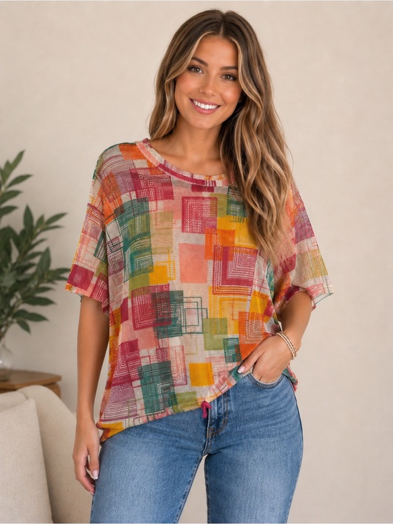 Jolie & Joy by FCT With Love Tops - Multi-Color Geometric Knit Short Sleeve Top - Women's